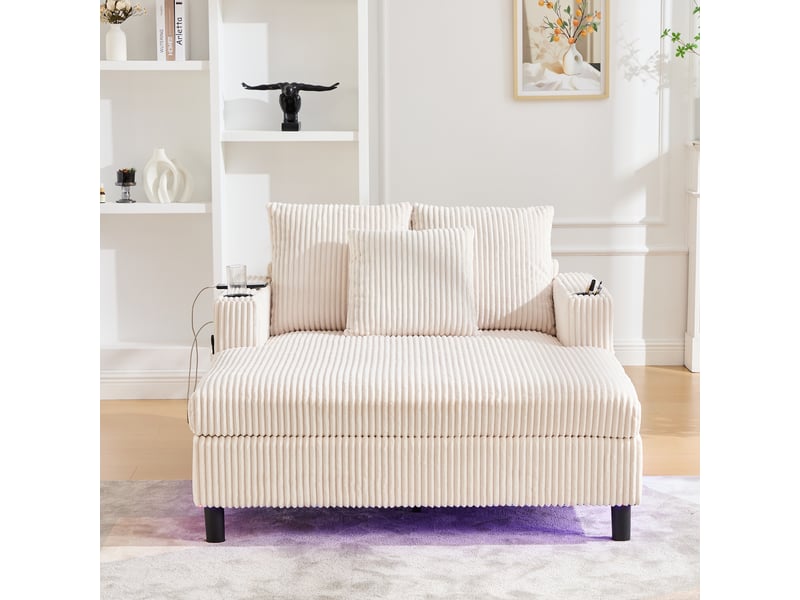  Fauteuil relax méridienne avec usb, led et porte-gobelets, assise profonde ergonomique, en velours côtelé beige  - Conforama C