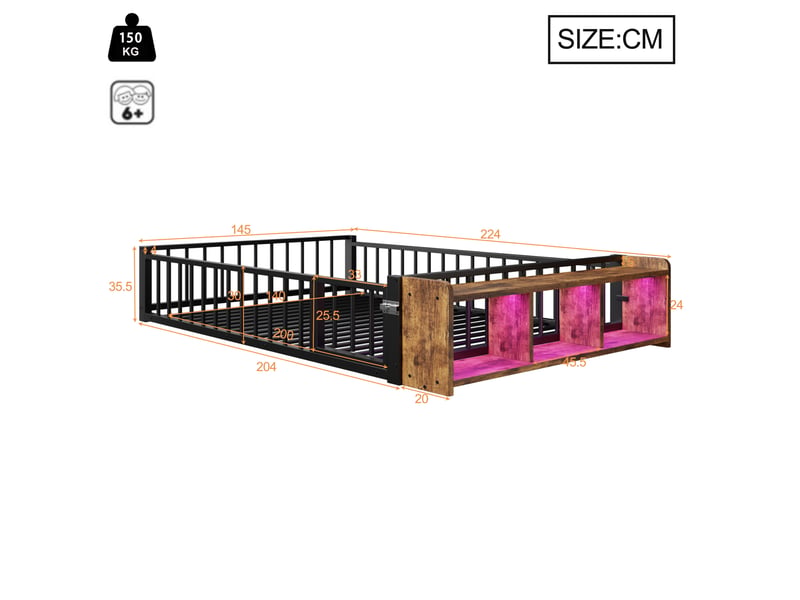  Lit enfant 140 x 200 cm en métal noir avec rangement ouvert, led et barrière  - Conforama C