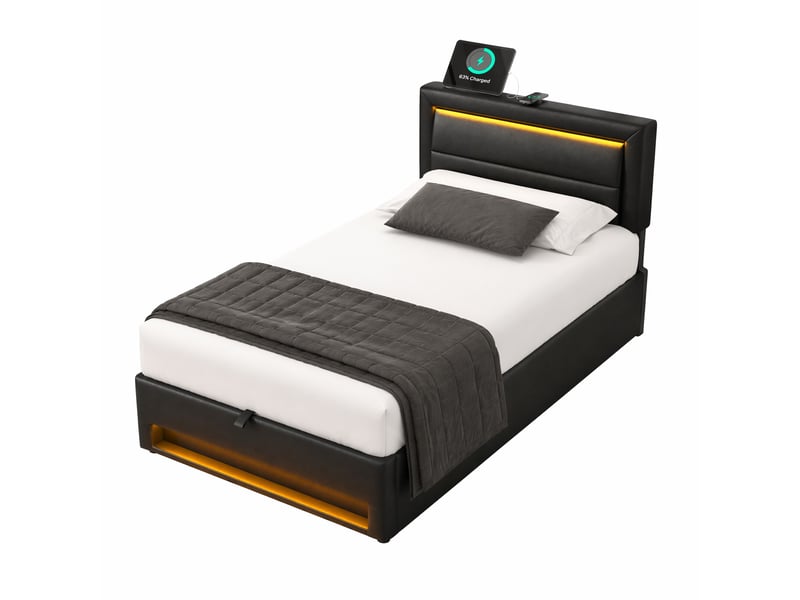  Lit simple 90x190 cm avec led, usb et rangement, revêtement pu noir  - Conforama A