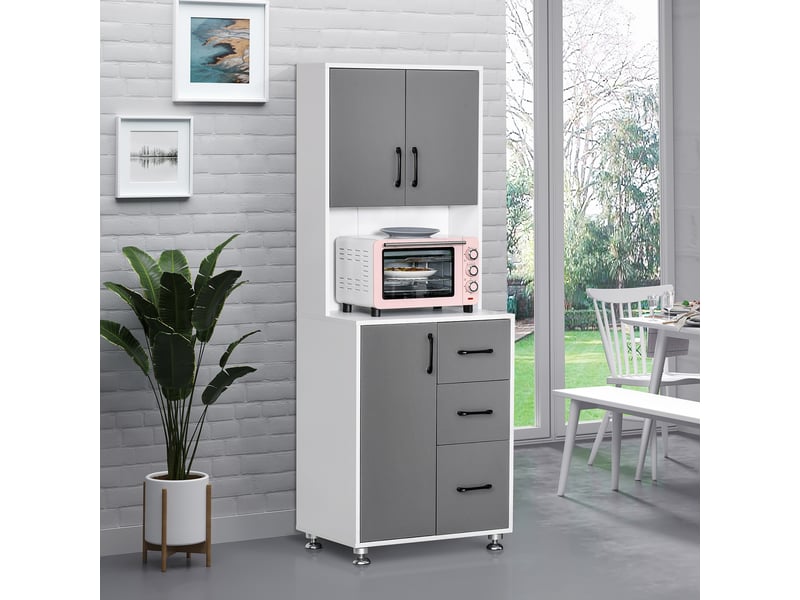  Buffet haut cuisine, armoire de cuisine, vaisselier avec 3 portes, 3 tiroirs et plan de travail, meuble de rangement pour salon, salle à manger, style moderne, gris, 60 x 40 x 160 cm  - Conforama D