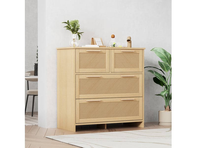  Commode vintage en rotin 80x38x80 cm avec 4 tiroirs, buffet, pour salon, couloir, mdf, poignées en bois, couleur bois  - Conforama D