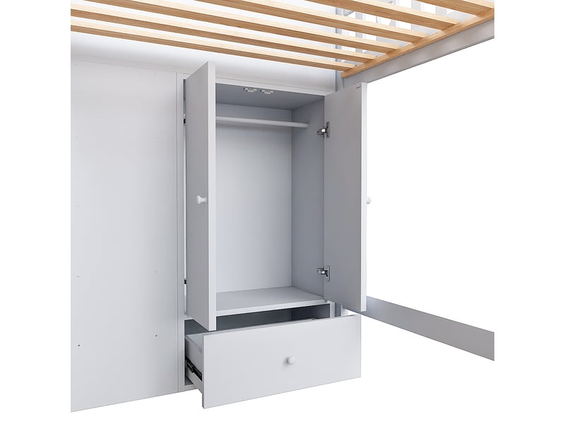  Lit mezzanine 90*200cm avec échelle de rangement, étagères, placard pliable, sans matelas, blanc, pin  - Conforama E