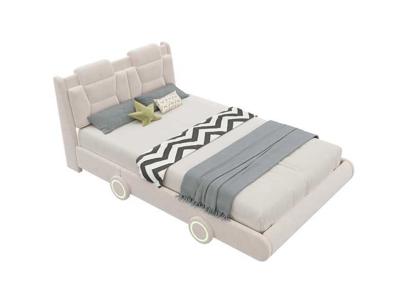  Lit enfant voiture 140x200 cm, avec matelas non inclus, tête de lit réglable, roues lumineuses, velours beige crème  - Conforama A