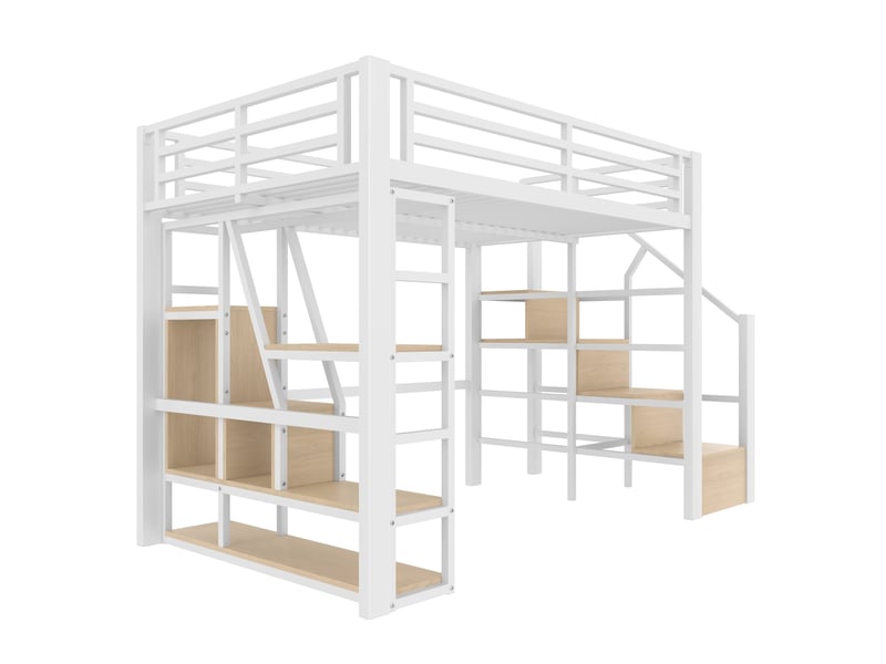  Lit mezzanine blanc 140 × 200 cm, cadre métal, led, rangements, échelle et garde-corps  - Conforama E