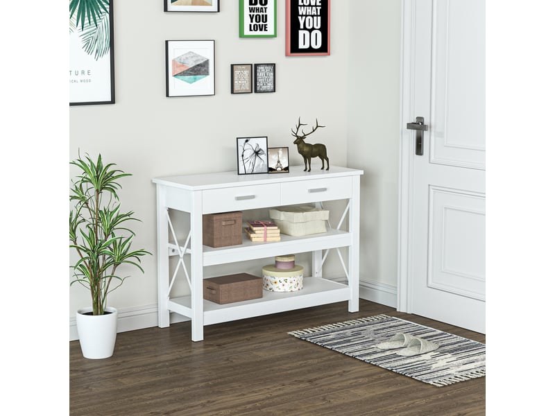  Console, table d'entrée, guéridon avec 2 tiroirs et étagères inférieures, structure en métal, 105 x 40 x 76 cm, blanc  - Conforama C