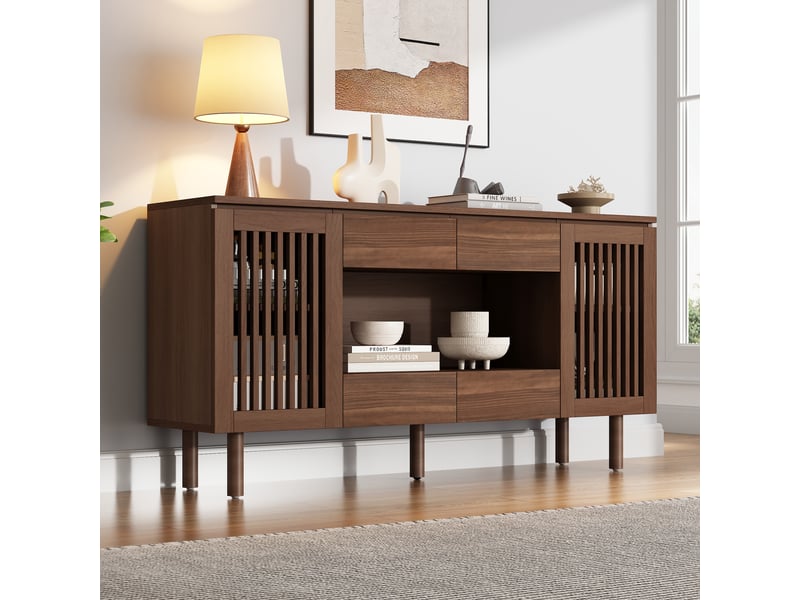  Buffet et enfilade avec 4 tiroirs et 2 portes à lamelles, 5 pieds en bois massif, mdf noyer, 140×35×71 cm  - Conforama B