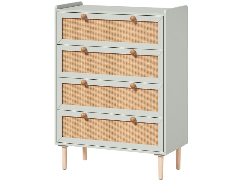Commode 4 tiroirs style bohème chic rotin bois vert sauge - Conforama A