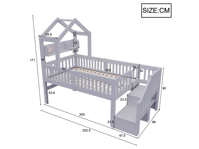 Lit mezzanine mi-hauteur enfant 90x200 cm avec escalier de rangement et led gris - Conforama C
