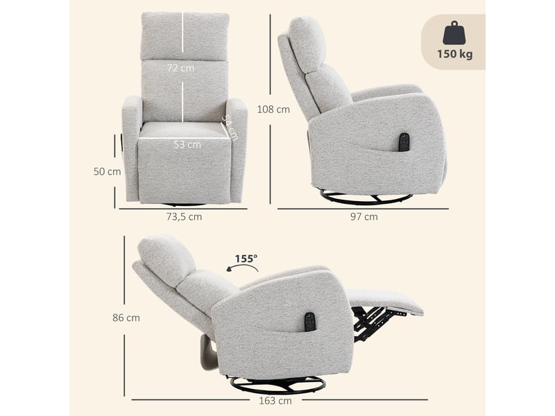 Fauteuil inclinable de massage en chenille pivotant crème 163x73,5x86 cm  - Conforama C