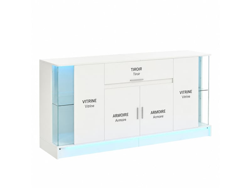  Buffet blanc avec deux vitrines en verre, éclairage led intégré, largeur 150 cm  - Conforama A