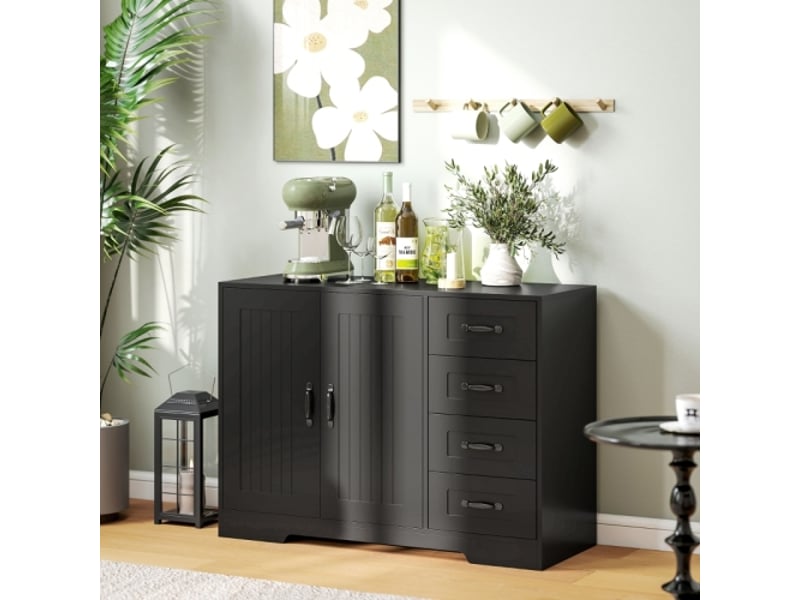  Buffet noir contemporain – 4 tiroirs et 1 porte, meuble salon 105×40×76 cm – à retirer sur place  - Conforama B