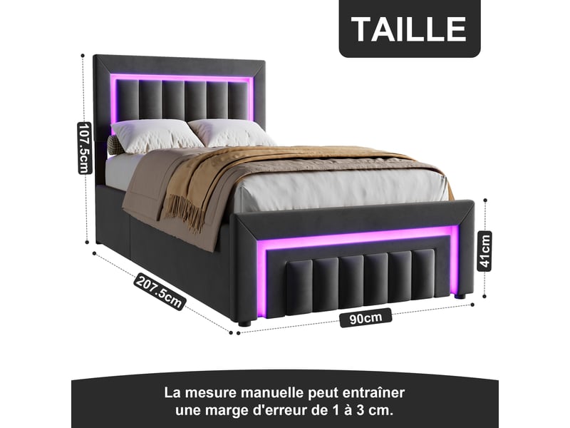 Lit coffre 90x200 cm avec boxspring, led et tiroirs de rangement - revêtement en velours gris foncé, structure métal et bois  - Conforama E