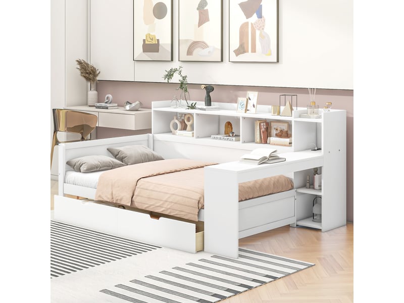  Lit banquette 90x200 cm avec bureau, rangements, 2 tiroirs, prise usb, blanc  - Conforama B