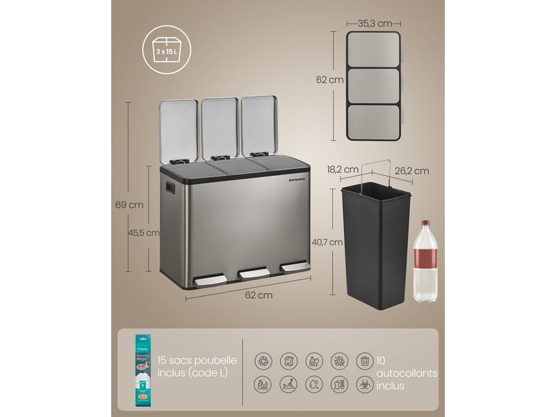  Poubelle de cuisine 62 x 35,3 x 45,5 cm tri 2 compartiments amovibles poignées en acier inoxydable argent 12_0012737  - Conforama B