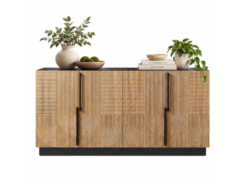  Buffet 4 portes avec façade relief, poignées métal, structure mdf et panneaux, pour salon ou salle à manger  - Conforama A