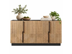 Buffet 4 portes avec façade relief, poignées métal, structure mdf et panneaux, pour salon ou salle à manger