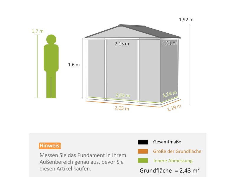 Abri de jardin en acier galvanisé 2,43 m², avec toit à deux pans, portes coulissantes verrouillables, gris  - Conforama C
