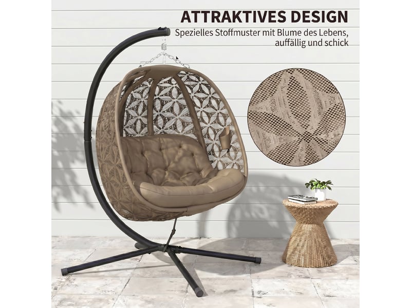  Chaise suspendue double 2 places, panier pliable, coussins moelleux, structure acier, porte-boissons, 240 kg, 126 x 126 x 176 cm  - Conforama D