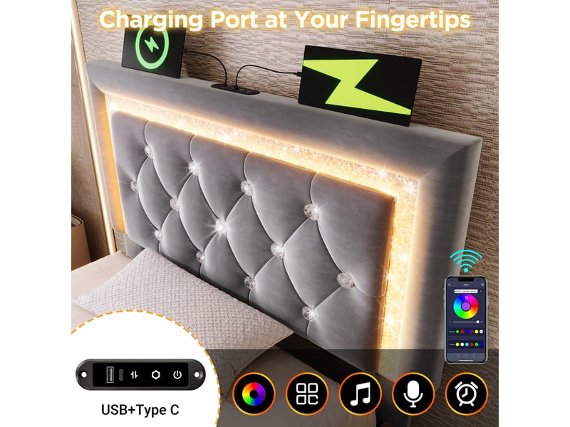  Lit simple capitonné 90x200 cm en velours, led et usb type-c, coffre hydraulique, gris, sans matelas  - Conforama E