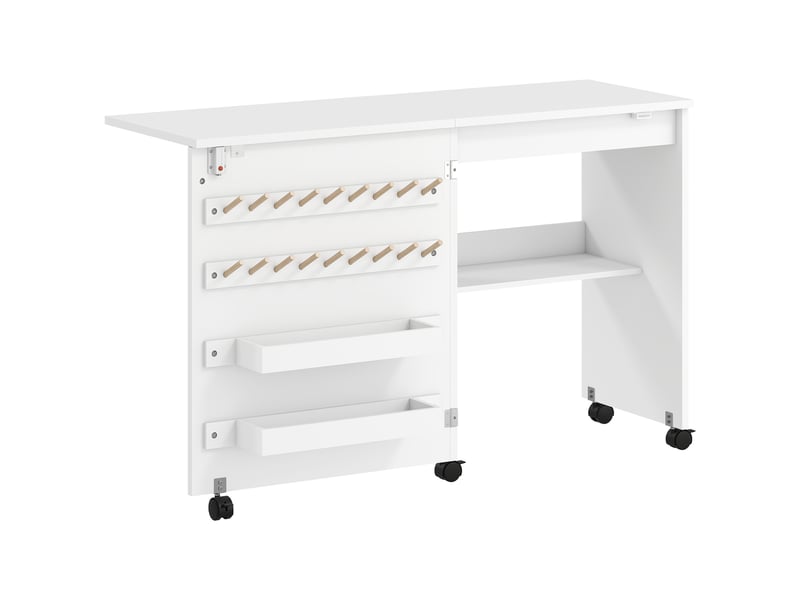  Table de couture pliante, meuble couture roulant, porte magnétique de grange, 2 bacs, étagère, 18 chevilles, blanc  - Conforama A