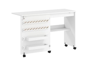 Table de couture pliante, meuble couture roulant, porte magnétique de grange, 2 bacs, étagère, 18 chevilles, blanc
