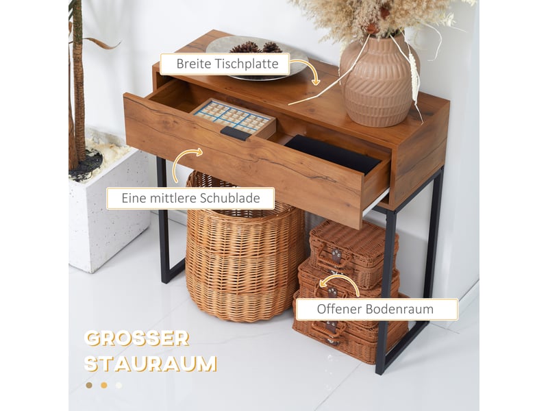  Console avec 1 tiroir en panneau de particules et acier marron et noir 80x30x76 cm  - Conforama E
