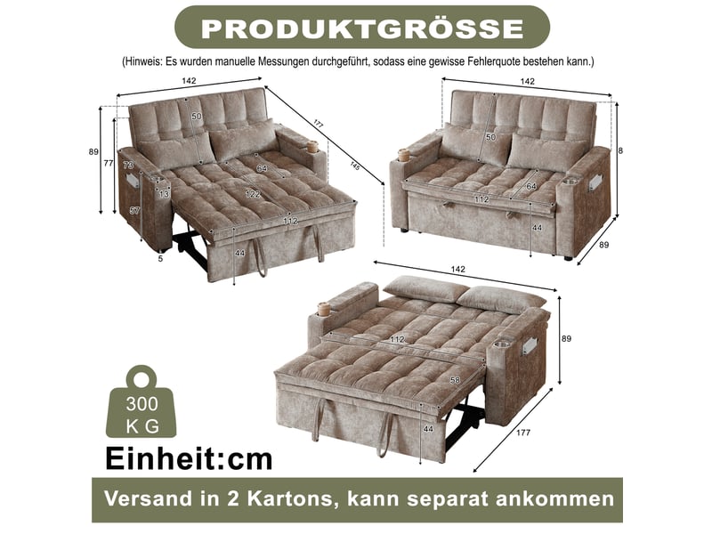  Canapé-lit 3-en-1 142x89x89 cm convertible, 2 porte-gobelets, 2 coussins lombaires, rangements, chenille marron  - Conforama C