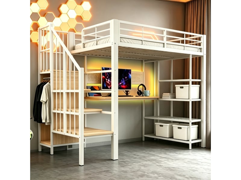  Lit surélevé métal 90 × 200 cm, bureau intégré, panneau perforé, prises, led et étagères, blanc  - Conforama C