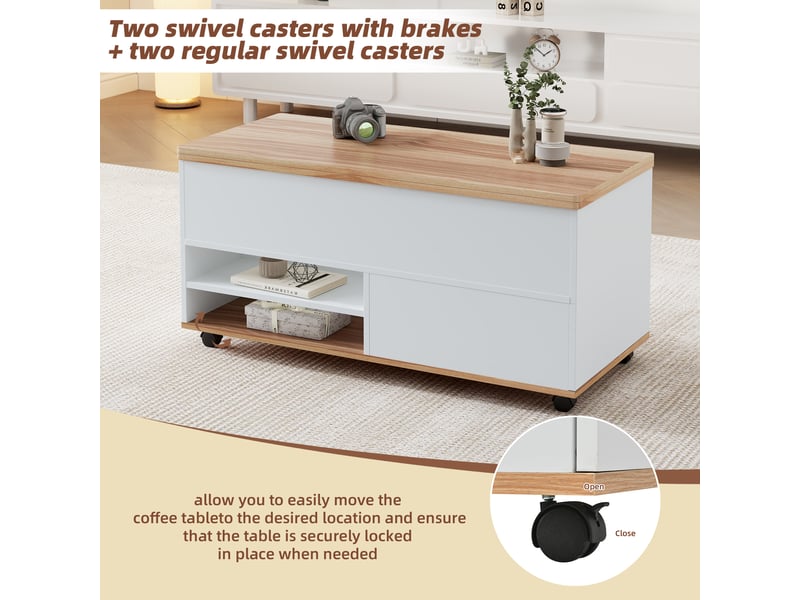Table basse relevable avec tiroir, placard et roulettes pour salon 100×98×65 cm en panneaux de particules blanc - Conforama C