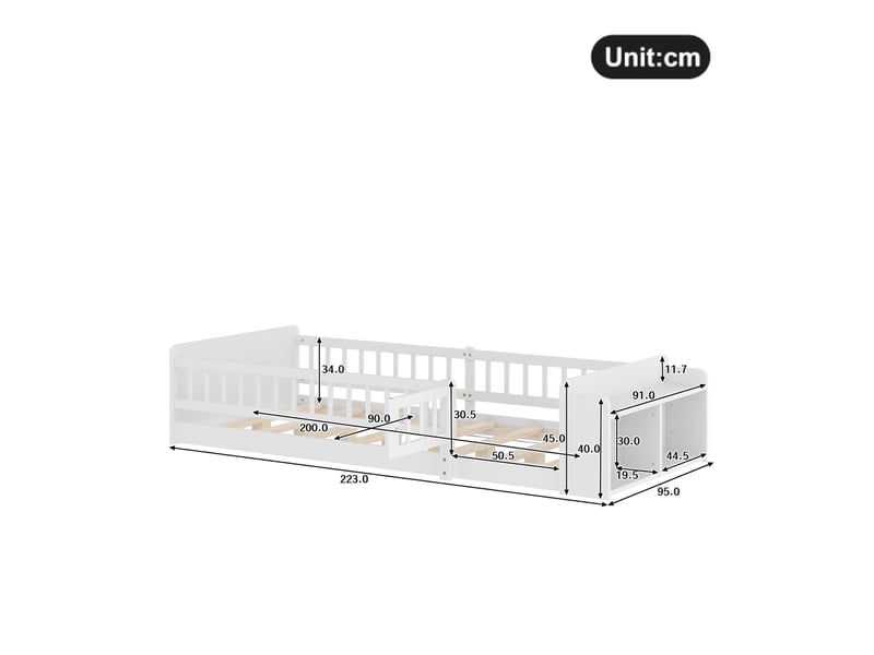  Lit enfant 90 x 200 cm en bois de pin et mdf blanc avec rangements ouverts  - Conforama E