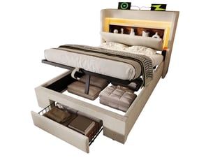 Lit coffre 90 x 200 cm beige en lin avec matelas, led, usb et usb-c