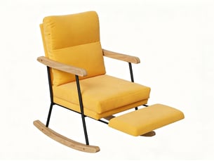 Fauteuil à bascule,rocking chair avec avec repose-pieds extensibles,scandinave,pieds en bois massif,coton et lin,jaune,64x97x94cm
