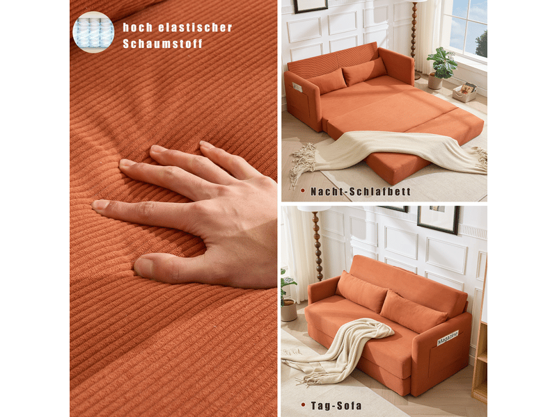  Canapé convertible, canapé-lit, 2 places, en velours tricoté, orange, 2 en 1, 165 x 92 x 82 cm, appartement, pour salon  - Conforama A
