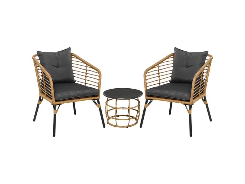 Ensemble table et chaises de jardin avec 2 fauteuils, 1 table basse et coussins, acier et rotin pe, sable - Conforama A