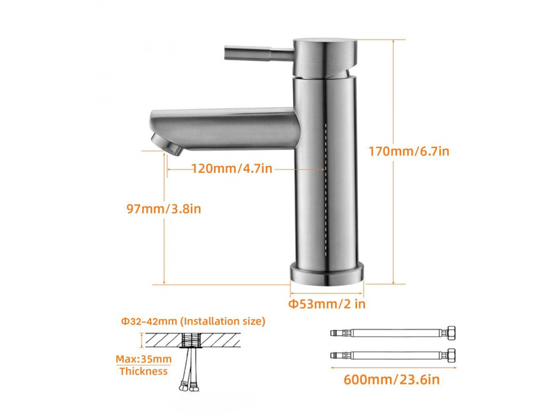  Robinet de salle de bain, acier inoxydable 304, chaud et froid, avec flexible de 60 cm  - Conforama B
