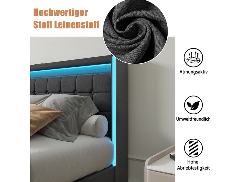  Lit double rembourré 160x200 cm,led et chargement usb, 4 tiroirs,sommier à lattes,lit 2 personnes pour adultes, lin ,gris  - Conforama E