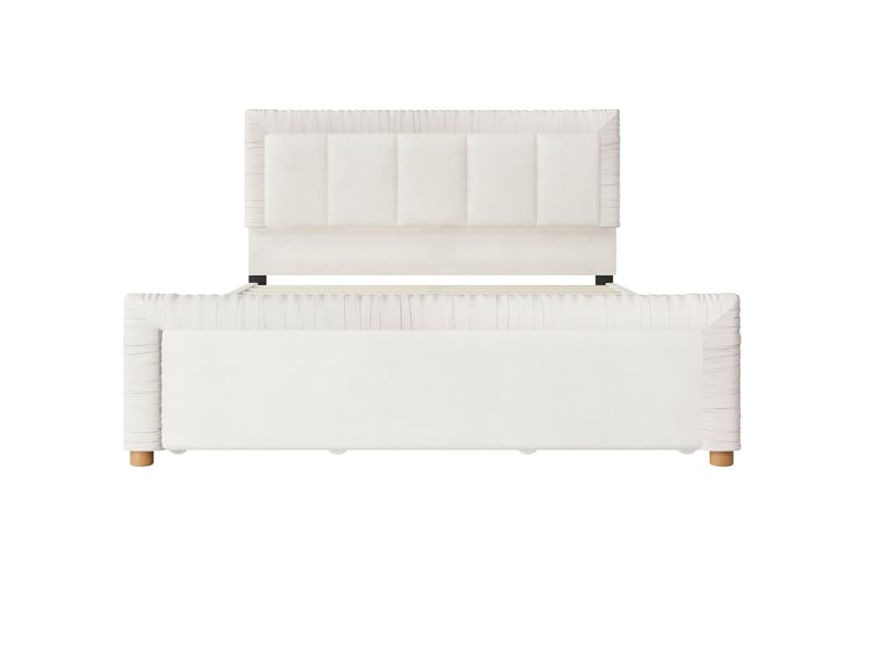  Lit 2 places 140x200 cm – beige – 2 tiroirs modulables, velours français et pieds en bois - sans matelas  - Conforama E