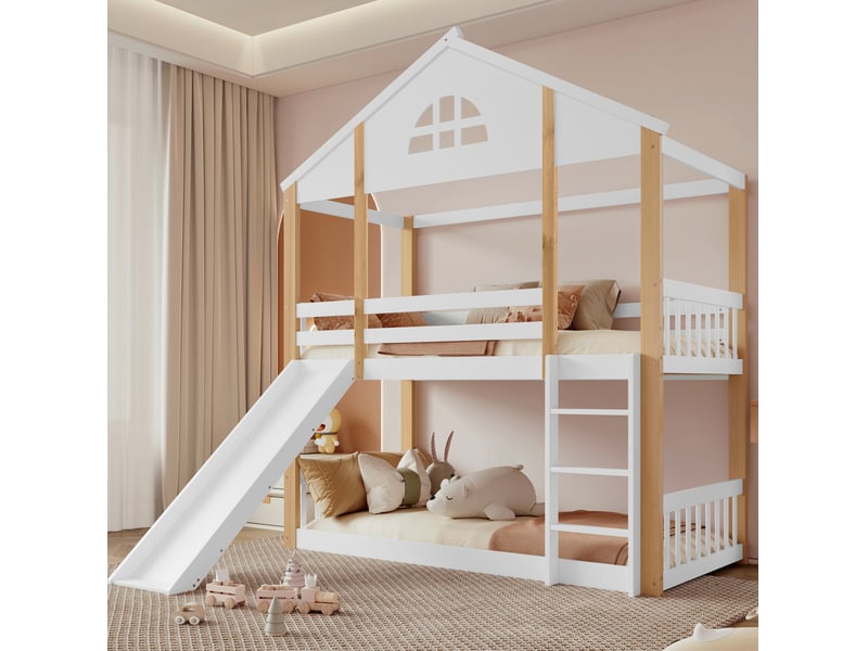  Lit superposé enfant maison avec toboggan 90x200 cm blanc et naturel  - Conforama C