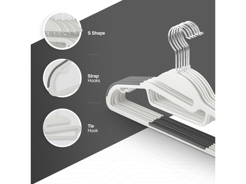  Lot de cintres antidérapants – durable, design fin pour économiser de l'espace avec rotation à 360°, organisateur de cravates, crochets de sangle et ouverture en forme de s  - Conforama B