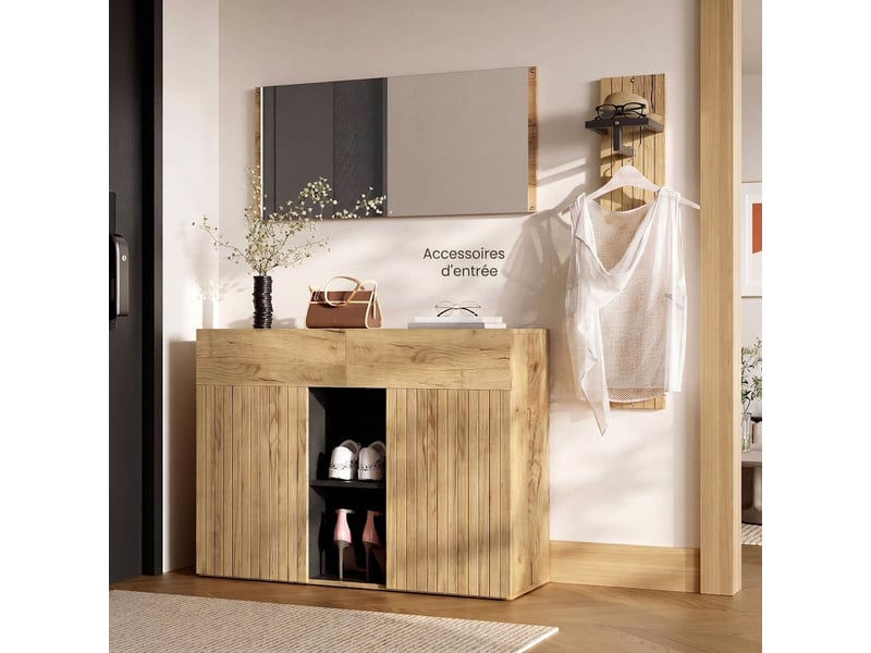  Vestiaire d'entrée aspect bois et noir avec miroir, meuble de couloir, 125x35x178 cm  - Conforama E