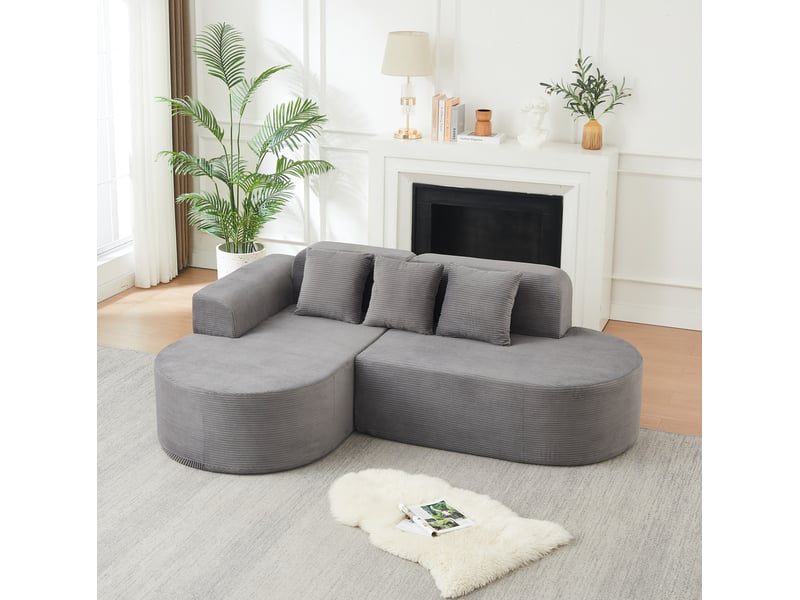 Canapé d'angle fixe 4 places avec méridienne incurvée et accoudoirs courbés, 3 coussins en velours côtelé gris - Conforama B