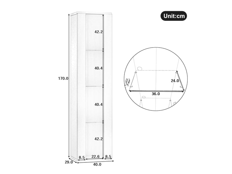  Vitrine 40x29x170 cm, led, rangement déco, aménagement intérieur, salon, en acrylique et panneaux de particules, noir  - Conforama C