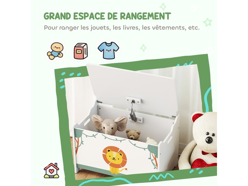  Coffre à jouets avec couvercle, coffre de rangement enfant avec charnières de sécurité, 60 x 37 x 39 cm, vert  - Conforama D