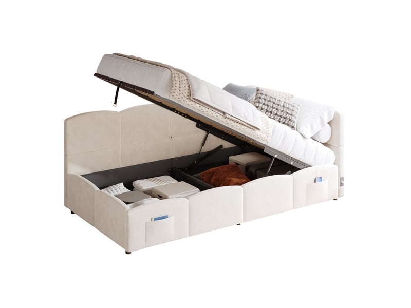  Lit coffre 90x200 cm avec sommier à lattes et ports usb, velours beige  - Conforama A