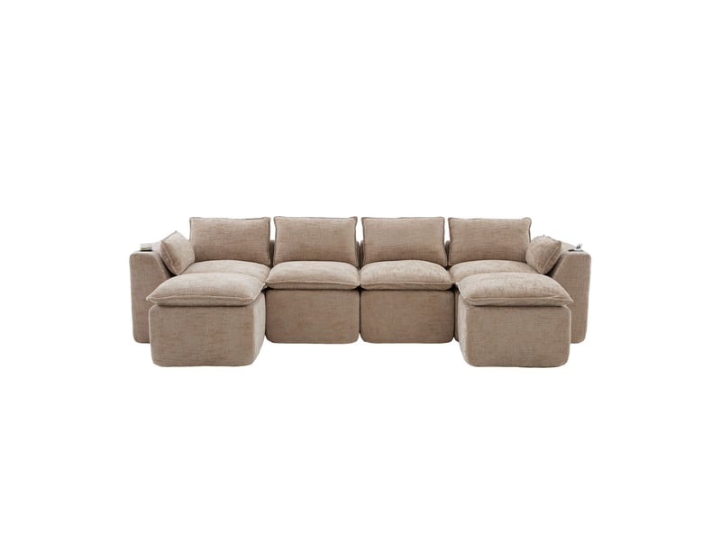 Canapé modulable 2 repose-pieds coussins inclus porte-gobelets 2 pochettes latérales noyau mousse-ressorts rebond rapide tissu chenille kaki - Conforama A