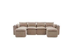 Canapé modulable 2 repose-pieds coussins inclus porte-gobelets 2 pochettes latérales noyau mousse-ressorts rebond rapide tissu chenille kaki