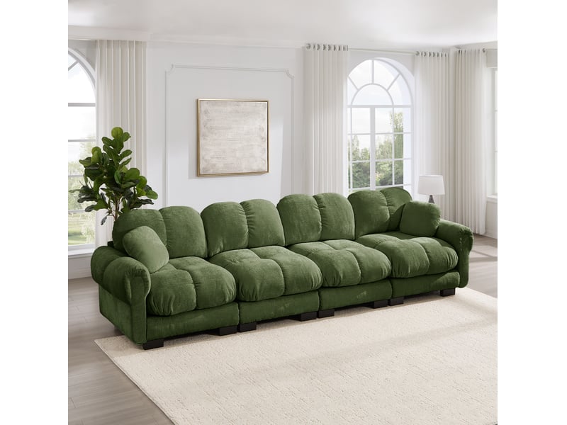  Canapé droit 4 places 330x86x90 cm, dossier ergonomique, assise épaisse, tissu en chenille, vert  - Conforama E