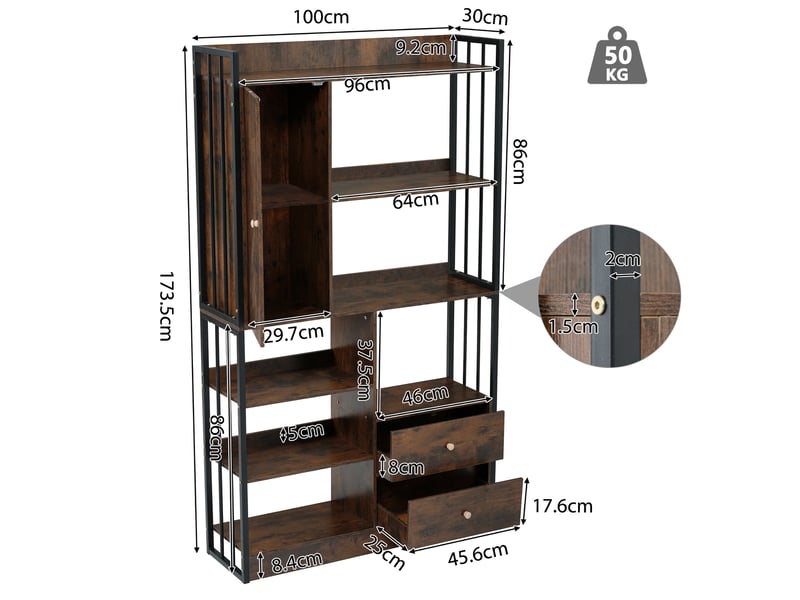 Bibliothèque de livres 6 étagères avec portes et tiroirs, industrielle, bois brun - Conforama E
