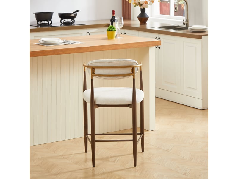  Lot de 2 tabourets de bar avec accoudoirs, style campagne française, tissu beige et cadre métal marron  - Conforama R