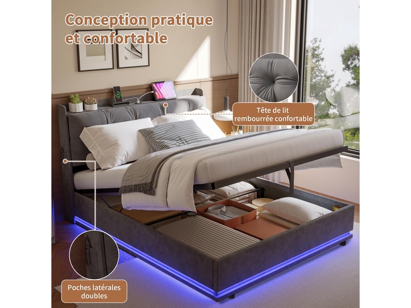  Lit coffre 140x190cm - lit double 140x190 avec rangement, tête de lit, led rgb, prises usbtype-c et poches latérales - gris  - Conforama D